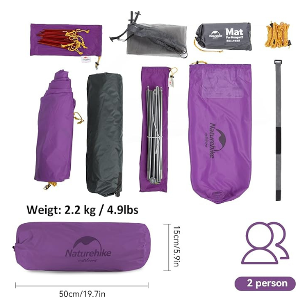 Naturehike Mongar Carpa de camping de Silicona Ultraligera 20D para 2 Personas para Ciclismo, Senderismo, Acampada