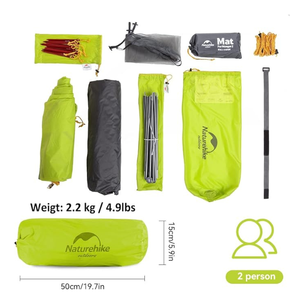Naturehike Mongar Carpa de camping de Silicona Ultraligera 20D para 2 Personas para Ciclismo, Senderismo, Acampada