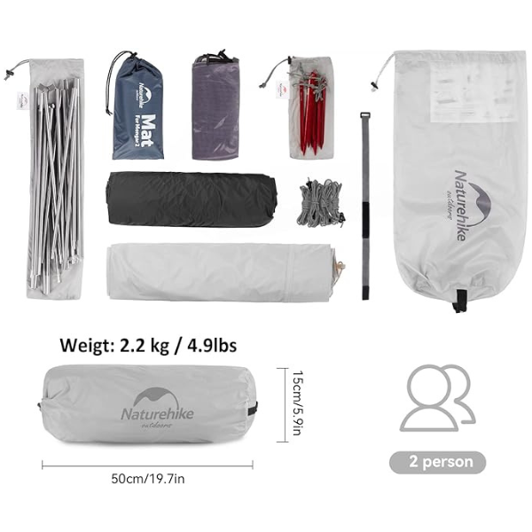 Naturehike Mongar Carpa de camping de Silicona Ultraligera 20D para 2 Personas para Ciclismo, Senderismo, Acampada