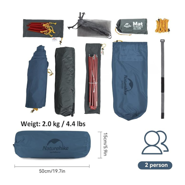 Naturehike Mongar Carpa de camping de Silicona Ultraligera 20D para 2 Personas para Ciclismo, Senderismo, Acampada