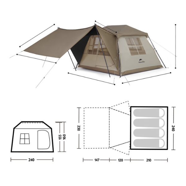 Naturehike Village 5.0 Carpa Automática De Campaña Con Toldo Exterior, Para 4 Personas Para Acampar, Viajes Al Aire Libre, Picnics