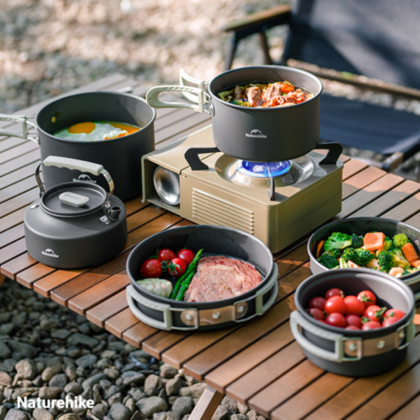 Naturehike Seire-Yexing Kits de utensilios de cocina para acampada, tetera portátil de aluminio, sartén plegable, vajilla, Hervidor para exteriores